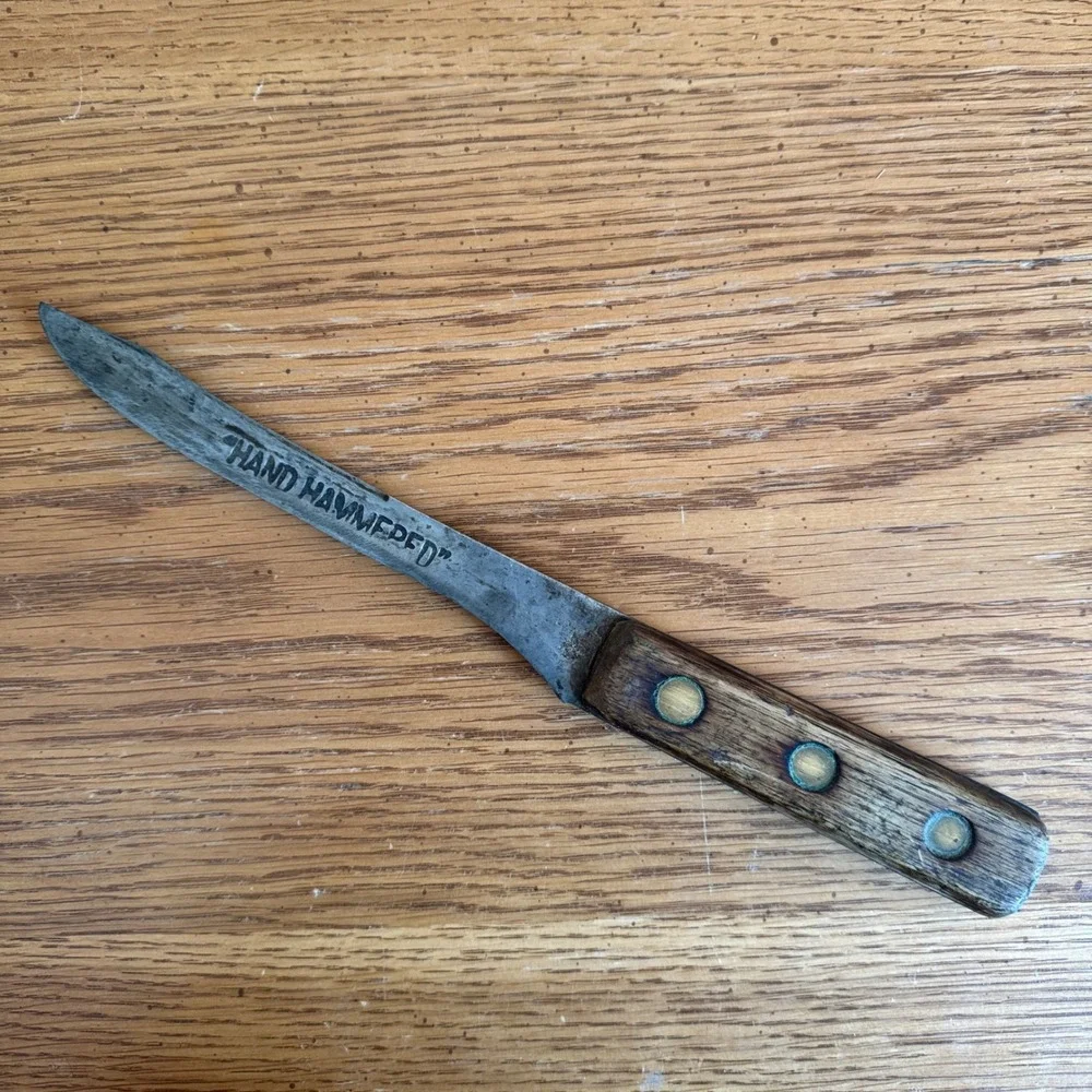 Vintage Hand Hammered Carbon Steel Butcher Knife Wood Handle Primitive Rustic